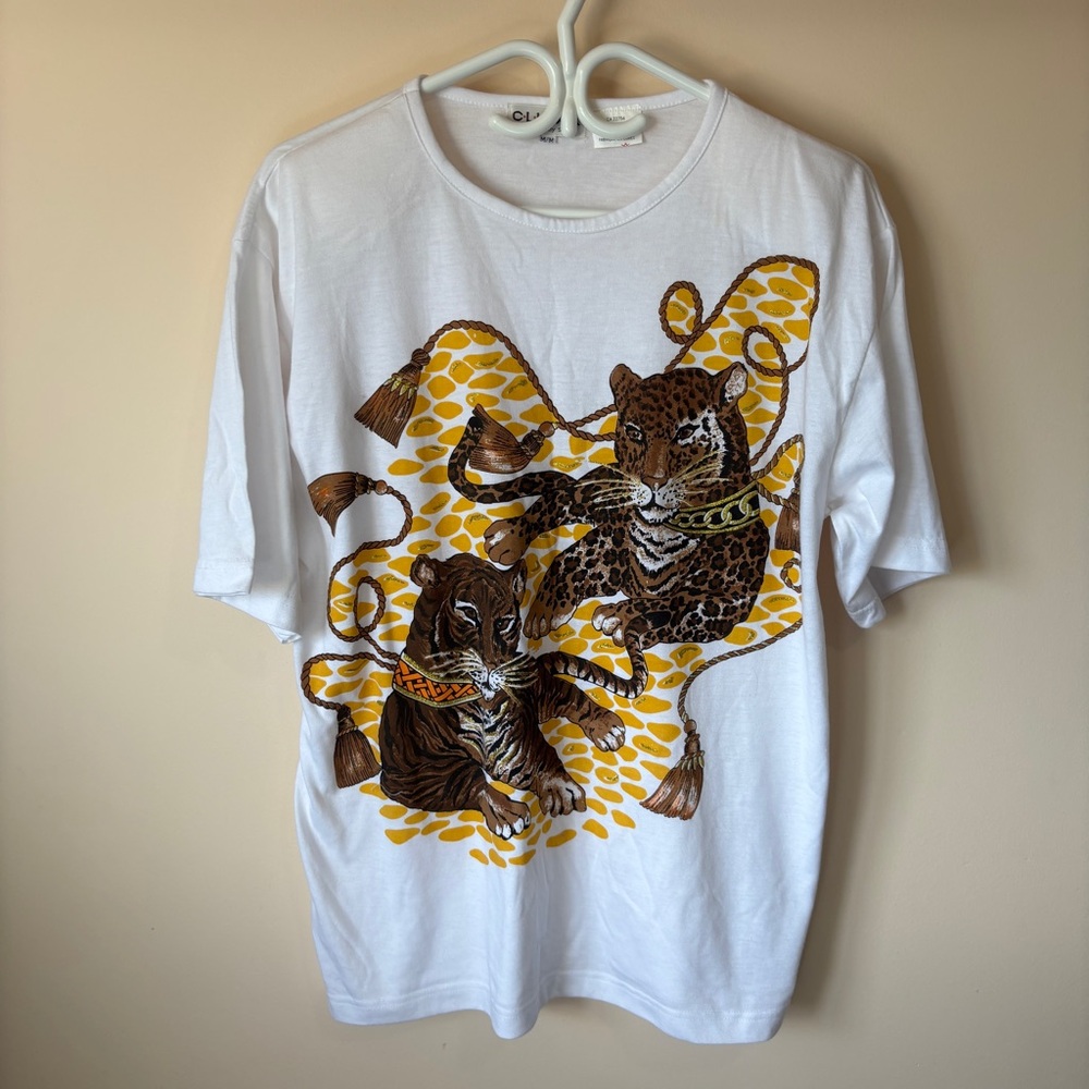 Vintage Climax Leopard Print Cat White Graphic Short Sleeve T-shirt Shoulder Pad